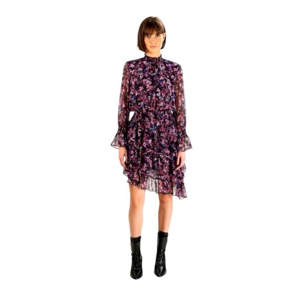 Misa Los Angeles Long Sleeve Floral Print Dress Asymmetrical Hem Large Savanna - Picture 1 of 12